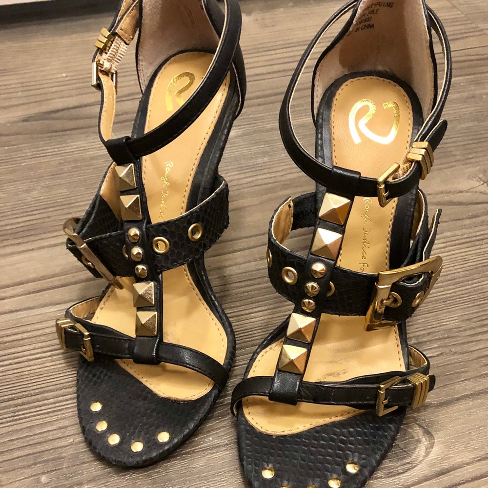 Rough Justice black gold stud stilettos 6